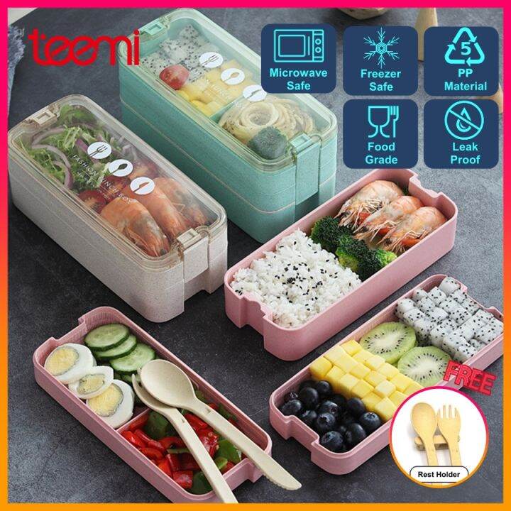 TEEMI 3 Layer Japanese Wheat Straw Lunch Box FREE Fork Spoon Airtight ...