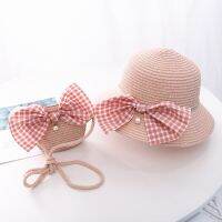 Summer Child princess cute cartoon straw hat with handbags Bags 2pcs a set Holiday kids girl baby bow plaid panama sun hat