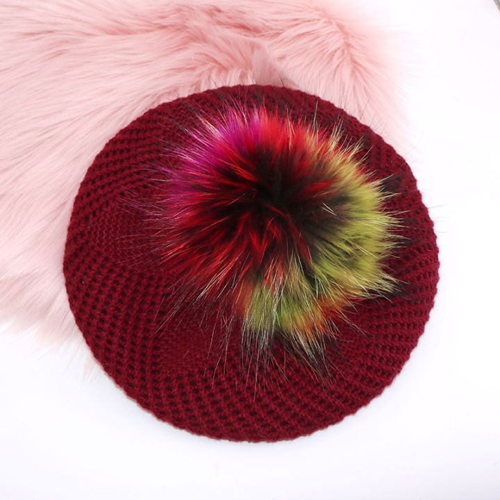 Women Wool Black Knit Beret Hats With Colorful Real Fur pompom New Casual Winter Fur Ball Beaneis Hats For Ladies Girls Gorros