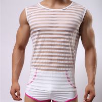 hot【DT】 WOXUAN stripe Transparent mesh O-Neck vest slim mens Tanks Gymin Sporting tank Undershirt Breathable summer