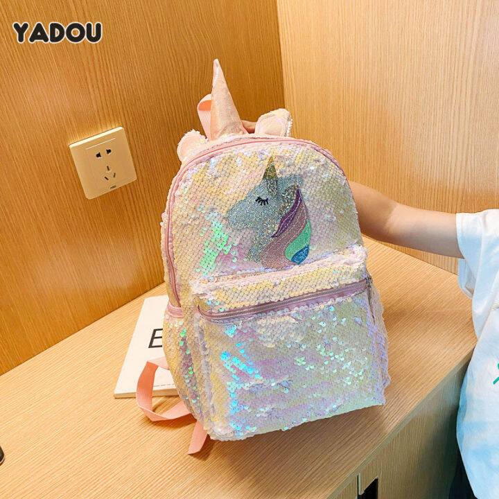 yadou-กระเป๋าเป้สะพายหลังเด็กปักเลื่อมแฟชั่นใหม่สีชมพูอ่อนและการ์ตูนน่ารัก