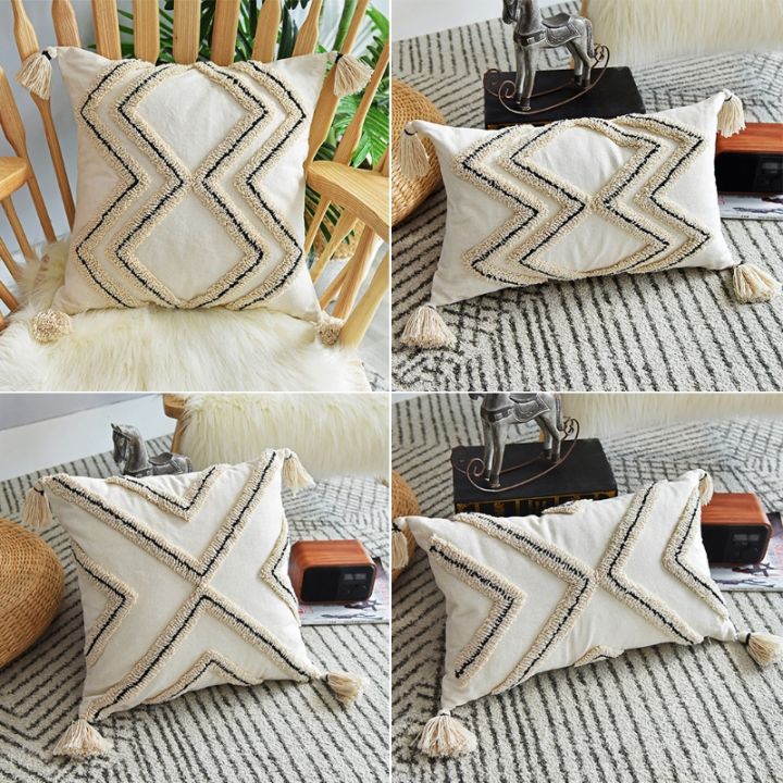 nordic-style-boho-throw-pillow-case-woven-tufted-geometric-striped-cotton-cushion-cover-shell-with-tassel-for-couch-sofa