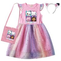 Cartoon Gabby Cats Baby Girl Dresses Kids Gabbys Doll House Clothes Cosplay Costume Children Fly Sleeve Casual Dress + Headband