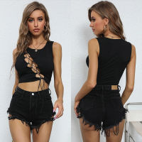 【cw】 Cross-Border New Arrival Womens y Ladies Vest Front Lace-up Binding Hollow Thin Striped Short Top