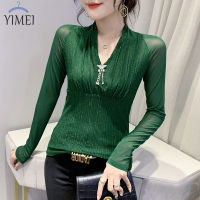 YIMEI เสื้อยืดผู้หญิงคอวีสวย,เสื้อตาข่ายแขนยาวเซ็กซี่2023หลากหลายใหม่