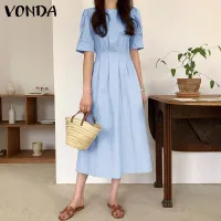 VONDA Women Holiday Pleated Tunic Baggy Dresses Puff Sleeve Solid Color Vestido (Korean Causal)