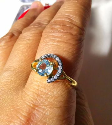 พลอยแท้ Blue Topaz เจียรไน แหวนสไล์ office jewelry น่ารัก ดูดี เรือนเงินแท้ ชุบทอง ไซส์ 55
