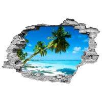 【cw】 Beach palm tree 3d broken wall vinyl mural stickers home decoration sea view creative poster wallpaper 90x60cm ！