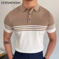 EERSHENSHI เสื้อสเวตเตอร์แขนสั้นสำหรับผู้ชาย เสื้อสเวตเตอร์เสื้อโปโลธุรกิจไหมน้ำแข็งสีกากีและวิสโคฟิเบอร์สามารถซักด้วยเครื่องได้