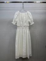 Square Neck Dress Womens 2023 Summer New White Temperament Draw-In Waist Lace-Up Skirt V714G