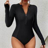 HOT★ใหม่สีดำแขนยาวกีฬาชุดว่ายน้ำ One-Piece ชุดว่ายน้ำปิด Surfing Bodysuit ผู้หญิงว่ายน้ำชุดว่ายน้ำ Beachwear สระว่ายน้ำ