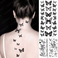 Waterproof Temporary Tattoo Stickers Black Butterfly Moth Rose Flower Flash Tatto Women Sexy Neck Waist Body Art Fake Tatoo Men Stickers