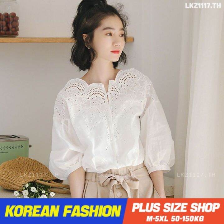 plus-size-เสื้อผ้าสาวอวบ-เสื้อสาวอวบอ้วน-ไซส์ใหญ่-ผู้หญิง-เสื้อสาวอวบ-เสื้อปาดไหล่-ทรงหลวม-แขนพอง-สีขาว-ฤดูร้อน-สไตล์เกาหลีแฟชั่น