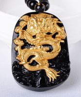 Free shipping Wholesale Gold Natural Black Obsidian Carving Dragon Lucky Amulet Pendant For Women Men pendants Fashion Jewelry