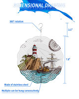 ภาพประกอบย้อนยุคประภาคารเรือใบ3D หมุนกระดิ่งลมสแตนเลสแขวนตกแต่งสวนบ้านจี้ลมปั่น