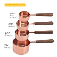 4pcs Walnut Wooden Handle Stainless Steel Measuring Cups Spoons Plated Copper Rose Gold Kitchen Baking Measuring Spoon Set