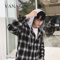 VANAQ เสื้อเชิ้ตลายสก็อตมีฮู้ด,เสื้อแจ็กเก็ตทรงหลวมแขนยาวสำหรับผู้ชาย