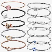 Mybeboa Plata Original 925 Sterling Silver Love Heart Pulsera Bracelet Multi Snake Chain Sparkling Disc Mouse Clasp Bangle