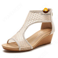 VRAIEMODE Hollow Rivets Wedge Sandals Peep Toe Bohemian Sandals Mid-Heel Roman Shoes Women S Sandals