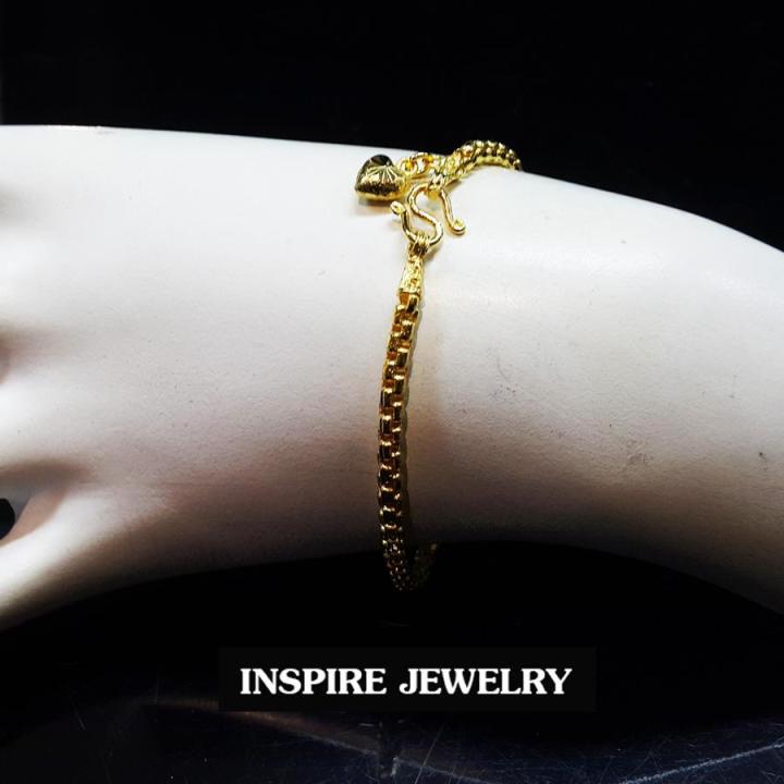 inspire-jewelry-สร้อยข้อมือทองลายบล็อกขนาดเส้นหนึ่งบาท-ห้อยหัวใจหนึ่งดวง-น้ำหนัก-5กรัม-งานทองไมครอน-ชุบเศษทองคำแท้-มีให้เลือกระหว่างยาว-17cm-และ-1ุ9cm-เส้นใดเส้นหนึ่ง