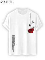 ZAFUL Cotton T-shirt for Men Floral Rose Letter Printed Short Sleeves T-shirt O-Neck Streetwear Tees Summer Essentials Tops