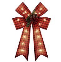 Christmas Tree Topper Bow with LED Lights Timer Checked Red Black Buffalo Plaid Decorative Bows for Xmax Party