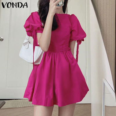 VONDA Women Fashion Puff Short Sleeve Crew Neck Mini Dresses Leisure Pleated Layered Dress (Korean Floral)