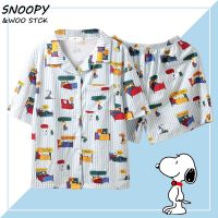 ข้อเสนอเวลา จำกัด Snoopyชุดนอน ด้อมชุดนอนผ้าฝ้ายลายการ์ตูน ชุดนอนแขนสั้น เสื้อผ้าหน้าแรก กางเกงเอวยางยืดขายาว เสื้อคอปก