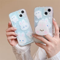 กรณีโทรศัพท์มือถือ Bunny Avatar แบบเต็มหน้าจอสำหรับ iPhone14Promax กรณีการ์ตูนน่ารักสำหรับ iPhone12ProMax ขาตั้งกระต่ายสามมิติสำหรับ iPhone13 ไล่ระดับสีฟ้ากรณีโทรศัพท์สำหรับ iPhone11Promax