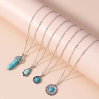 Women Necklace Sets Vintage Silver Plated Turquoise Stone Necklace Bohemia Statement Hexagonal Water Drop Pendant Necklace Fashion Chain Necklaces