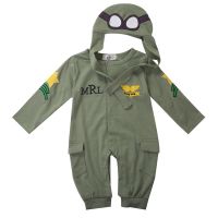 Spring Autumn Cute Baby Boy Army Pilot Rompers Kids Infant Cotton Romper Hat Cap Jumpsuit Todder One-Pieces Outfits Set 6-24M