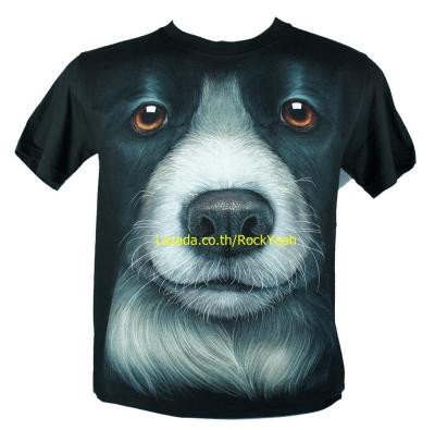 เสื้อลาย หน้าสุนัข บอร์เดอร์คอลลี่ border collie dog เต็มหน้า  ไซส์ยุโรป เสื้อยืดสีดำ สกรีนจมแน่น หน้าหลัง RCA253 2-3วันได้รับของ