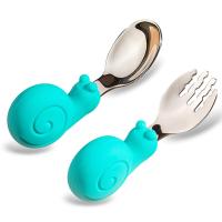 2PCS Utensils Baby Training Fork and Spoon Set Kids Stainless Steel Utensil Feeding Set Cartoon Spoon Fork Children Self-Feeding Bowl Fork Spoon Sets