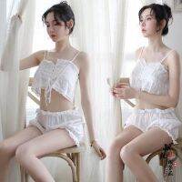 Fun Lingerie Slightly Transparent Small Chest Sleepwear Pants Short Open Button Suspender Shorts Home Suit Set Muyao Passion Set 3GN8