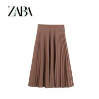 European and American style 2022 spring new womens A-type solid color high-waisted elastic waist pressed pleated skirt 2 colors