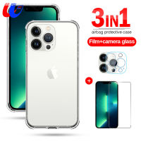 สำหรับ Iphone 15 Pro Max 3-In-1หน้าจอกระจกนิรภัยเคสใสสำหรับ Iphone 13 Mini Iphone 14 13 Pro Max 14 Pro 14Plus 15 Pro 15 Plus 13pro 13มินินุ่มกันกระแทกเคสซิลิโคน3D เลนส์แก้ว