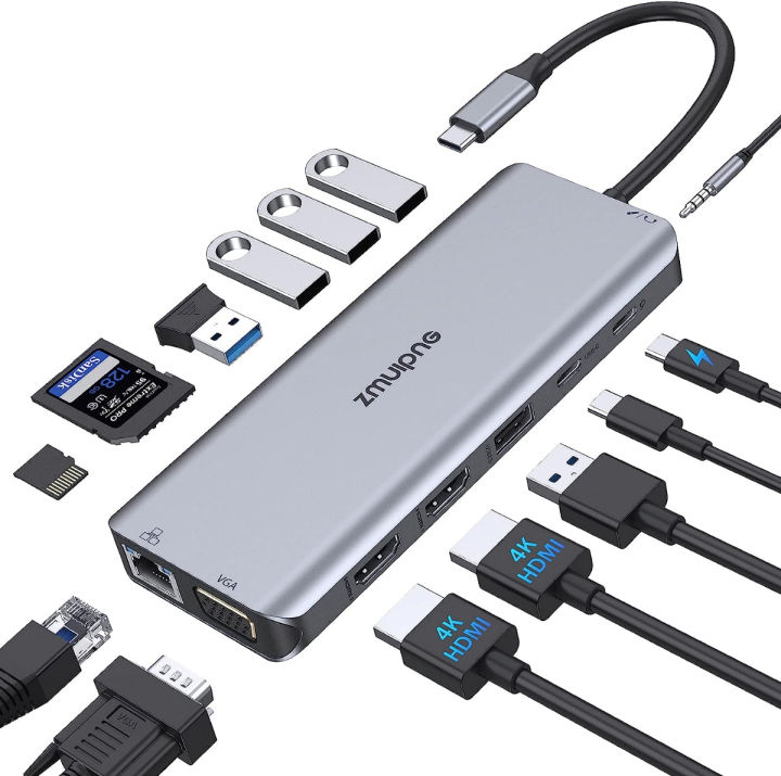 USB C Hub Adapter for MacBook Pro, Thunderbolt 3 Adapter,10-in-1 USB C  Dongle with Gigabit Ethernet, USB C to HDMI VGA Adapter,100W Power Delivery, 3 USB 3.1, SD TF Card Reader-Through Port Adapters 