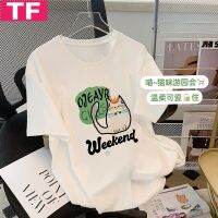 Pure Cotton Bag Collar Cartoon Kitten Printed Short-Sleeved T-shirt Female 2023 Summer New Loose Korean Style Lazy Style Top