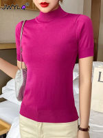 ฤดูร้อนครึ่งคอสูงแขนสั้น10สีถักด้านบนทุกการแข่งขันบาง S-3xl เสื้อยืดผู้หญิง2023แฟชั่นบาง Streetwear ด้านบน