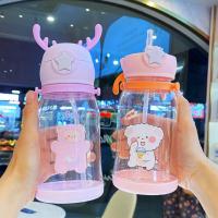 580ml Cartoon Water Cup With Straw Large-capacity Antler Plastic Cup Students Kids Water Sippy Cup Drinking Milk Water Dual-Use