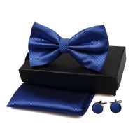 Men Bow Tie Set 3ps Cufflinks Pocket Square Solid Color Check Bowtie For Men Party Wedding Fashion Butterfly Shirt Tie Wholesale Boys Clothing