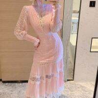 HOT14★Korea Temperament Trend Female New V-neck Robe Lace Stitching Folds Loose Pink Lantern Sleeve Dress Summer 2022