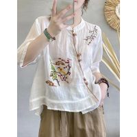 【 Bebo 】Chinese Traditional Shirts Chic Embroidery Slanted Placket Button Up Blouse Casual Short Sleeve Tops Hanfu Tang Suit Summer