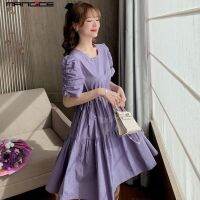 ♣✺﹉ Korean High Waist Womens Dress Summer New Plus Size Purple Pleated Bubble Short-sleeved Mid-length Dress