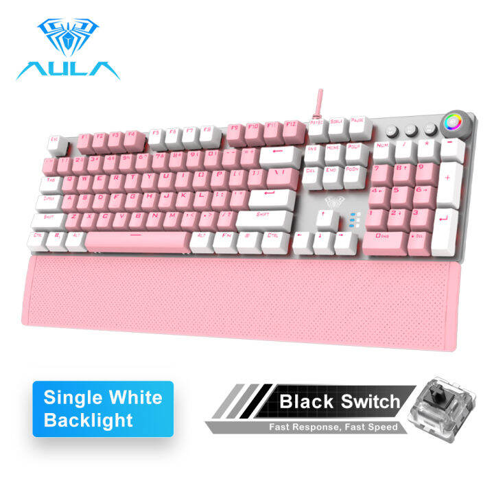 AULA F2088 Pink Mechanical Gaming Keyboard, with Wrist Rest, Media Knob