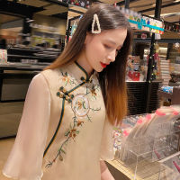 Cheongsam ปรับปรุง2022ใหม่ยาวสง่างามทุกวันย้อนยุคสไตล์จีนเด็กสาวแห่งชาติน้ำชุดหญิงฤดูร้อน