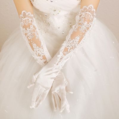 ✼ TG-5 Elegant Wedding Bridal Gloves Hollow Lace Satin Sequined Long White Handmade Brides Bridesmaid Women Pageant Prom Gloves