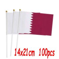 ZXZ 100pcs Qatar hand Flag 14*21cm Polyester Double Side Printing QA Qatar Hand waving Flag with plastic flagpole