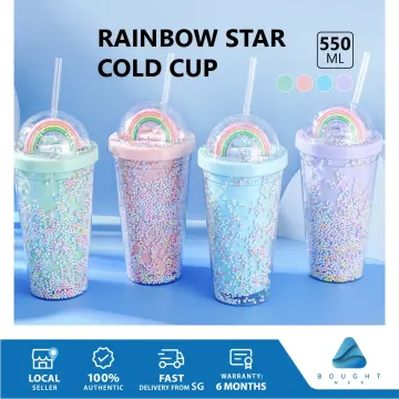Girl Water Bottle for Juice Milk Coffee Drinking Tumbler 550ml Cartoon Cute  Rainbow Cup with Straw Double Plastic BPA Free