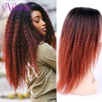 Kinky Curly Afro Hair Wigs Yaki Straight Wigs Ombre วิกผมสังเคราะห์สำหรับผู้หญิงขนาดกลางส่วนผู้หญิงสีดำธรรมชาติวิกผมหญิงคอสเพลย์